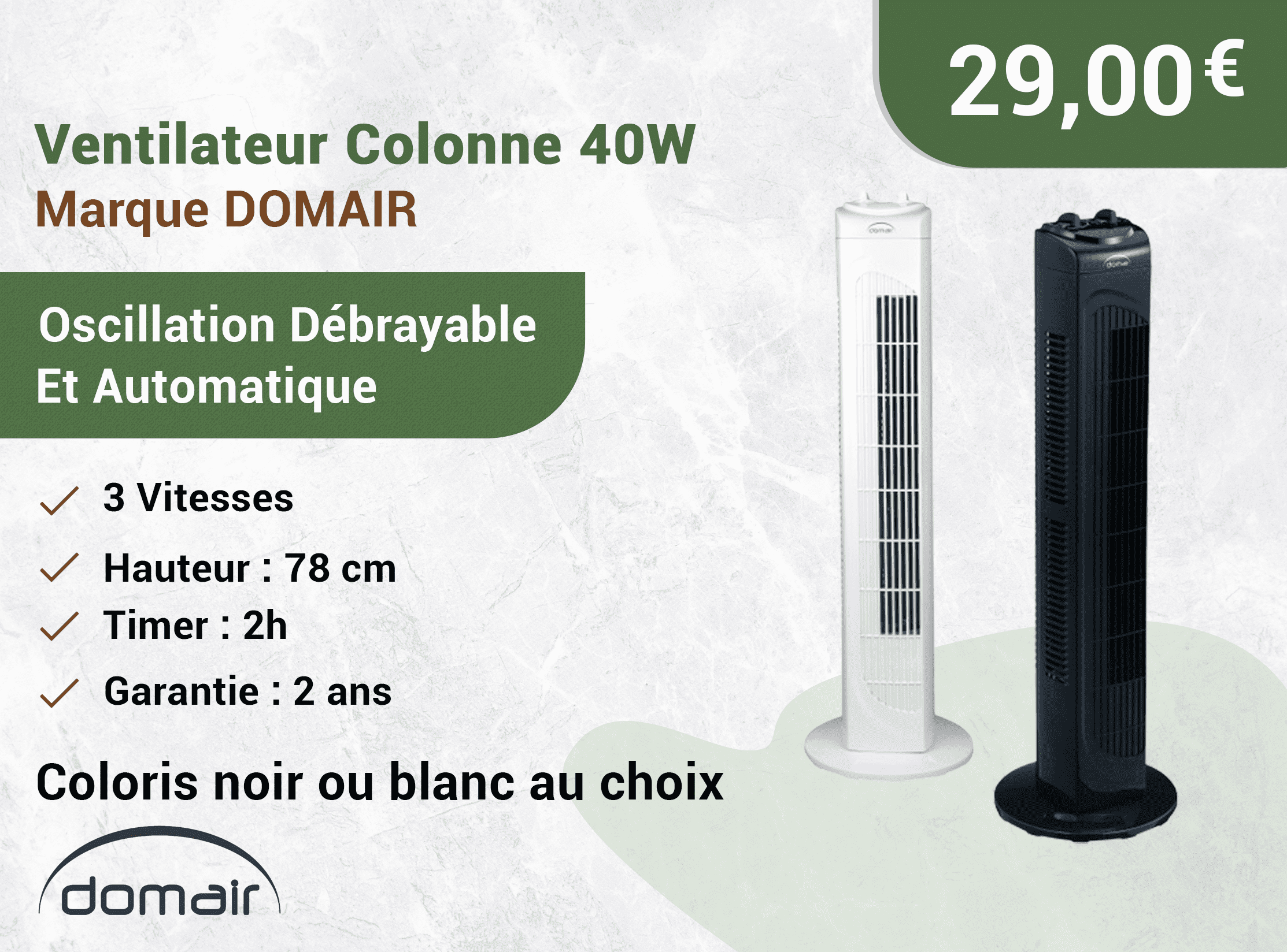 DOMAIR TFB50N - Ventilateur Colonne - 40 Watts - Oscillation Débrayable Et Automatique - Minuterie - 78 Cm De Hauteur - Noir